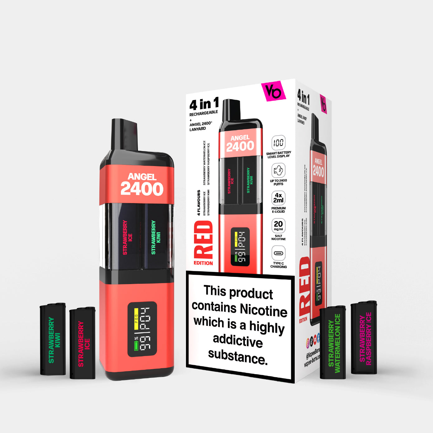Angel 2400 Red Edition Vape Device with Packaging and Strawberry Raspberry Ice, Strawberry Watermelon Ice, Strawberry Ice, Strawberry Kiwi pods around it
