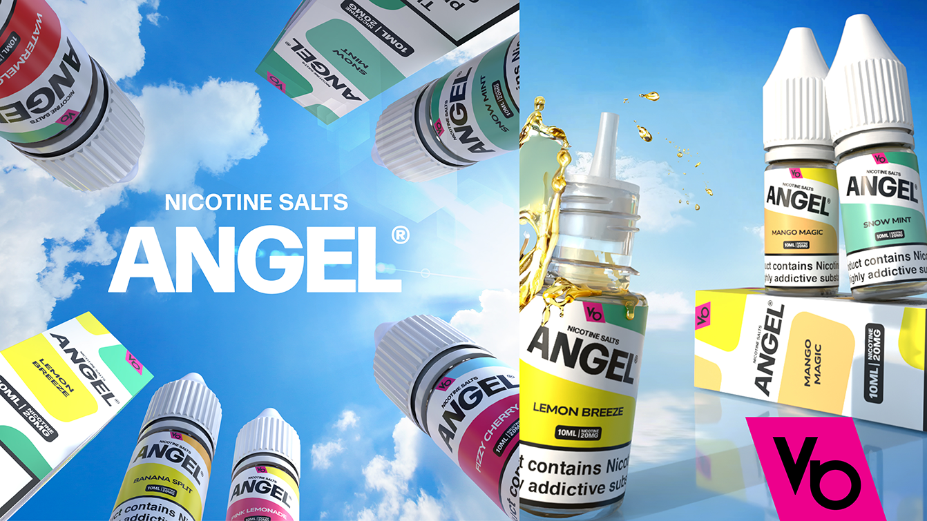  Angel® Nicotine Salts lineup with bold flavours like Mango Magic, Snow Mint, and Lemon Breeze against a bright blue sky.