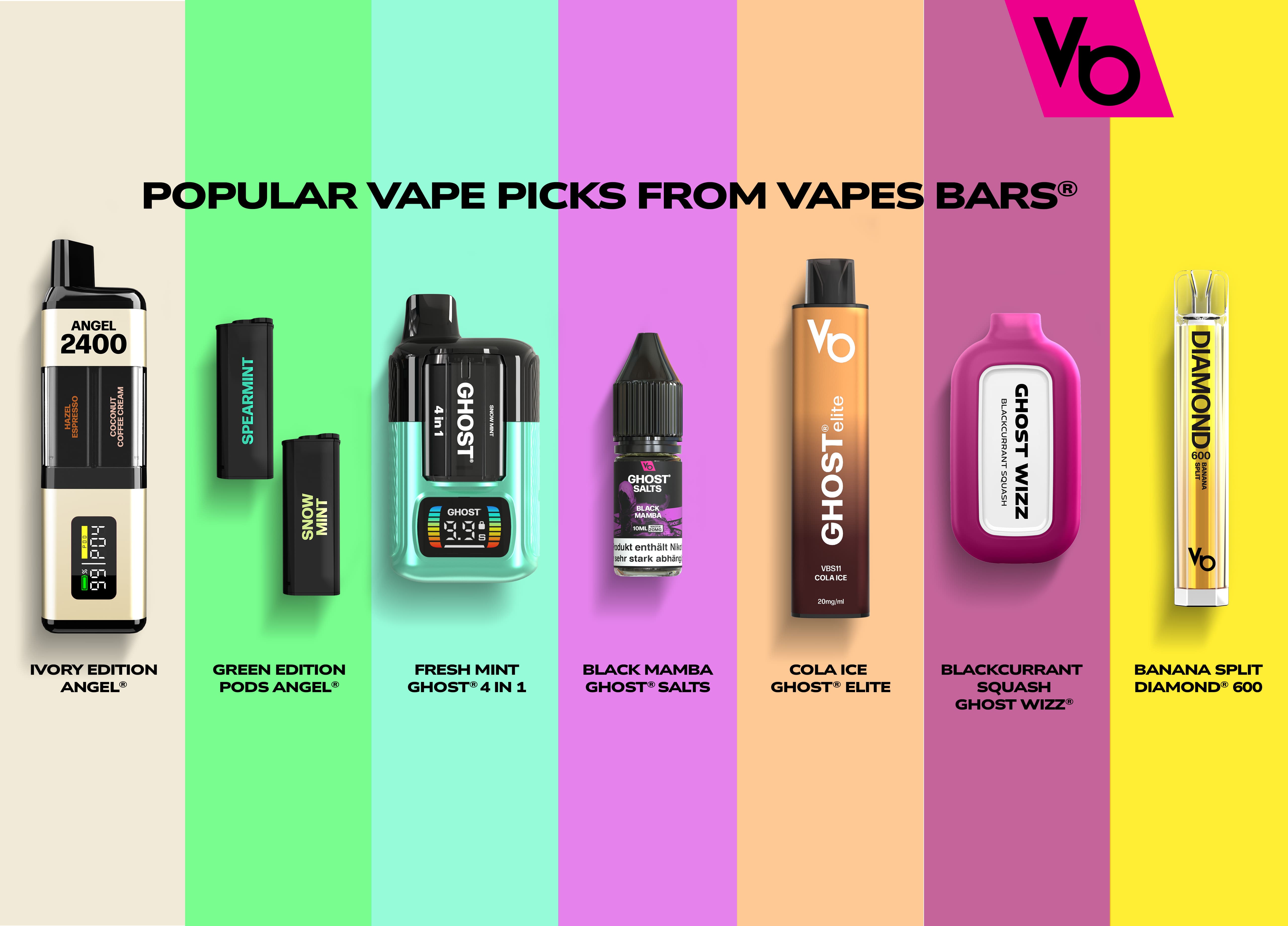 An array of Vapes Bars® best selling vape flavours and devices in the same colour background. 