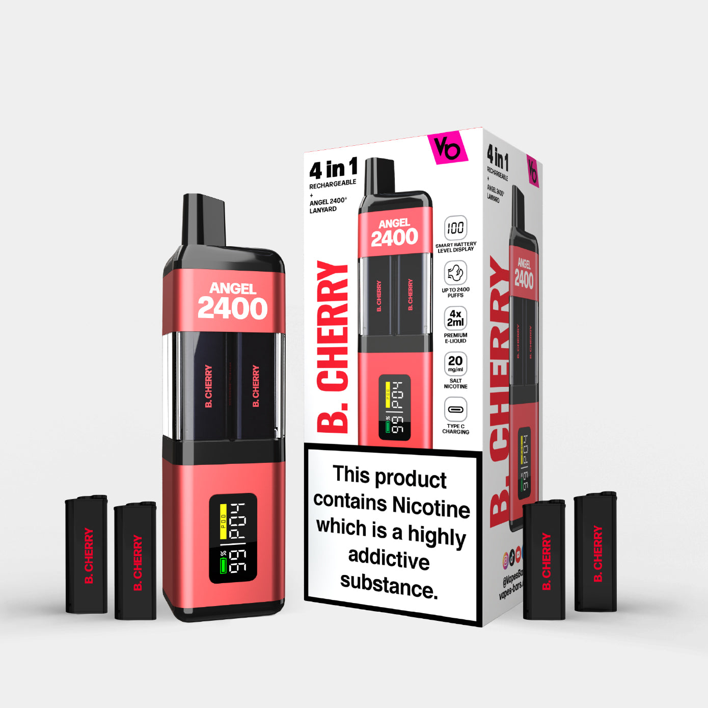 Angel 2400 B. Cherry Edition vape device packaging and four pods of B. cherry