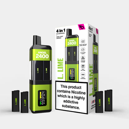 Angel 2400 L. Lime Edition vape device with packaging and 4 L. Lime pods around it 