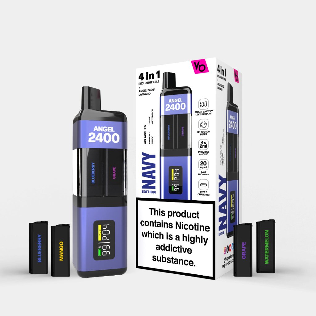 Angel 2400 Navy Edition vape Device with packaging and grape, watermelon, mango, blueberry pods around it 