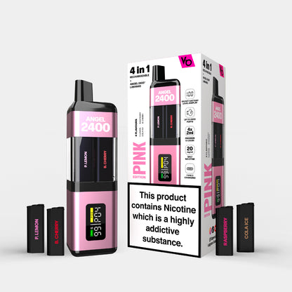 Angel 2400 Pink Edition vape device with packaging and B Cherry, P Lemon, Raspberry, Cola Ice pods around it