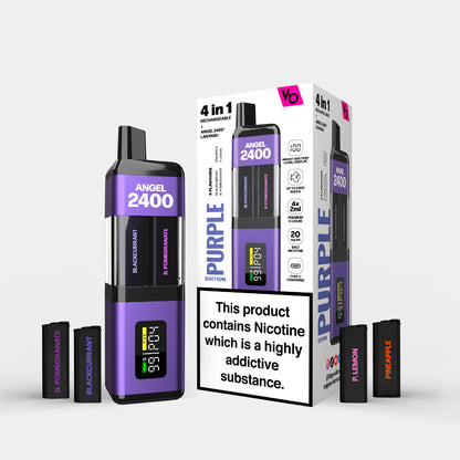 Angel 2400 Purple Edition vape device with packaging and pineapple, p lemon, blackcurrant, B pomegranate pods around it 