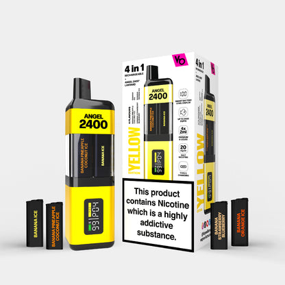 Angel 2400 Yellow Edition Vape Device with Packaging and with Banana Ice, Pineapple Coconut Ice, Strawberry Blueberry, Orange Ice Pods around it 