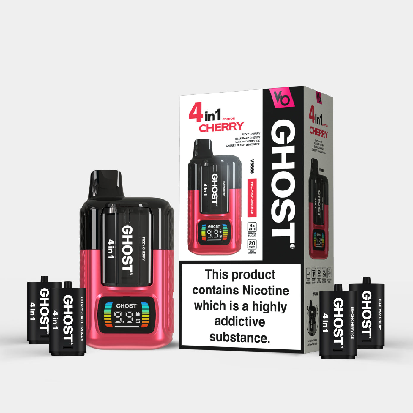 Ghost 4in1 Cherry Edition with 4 pods and a packaging