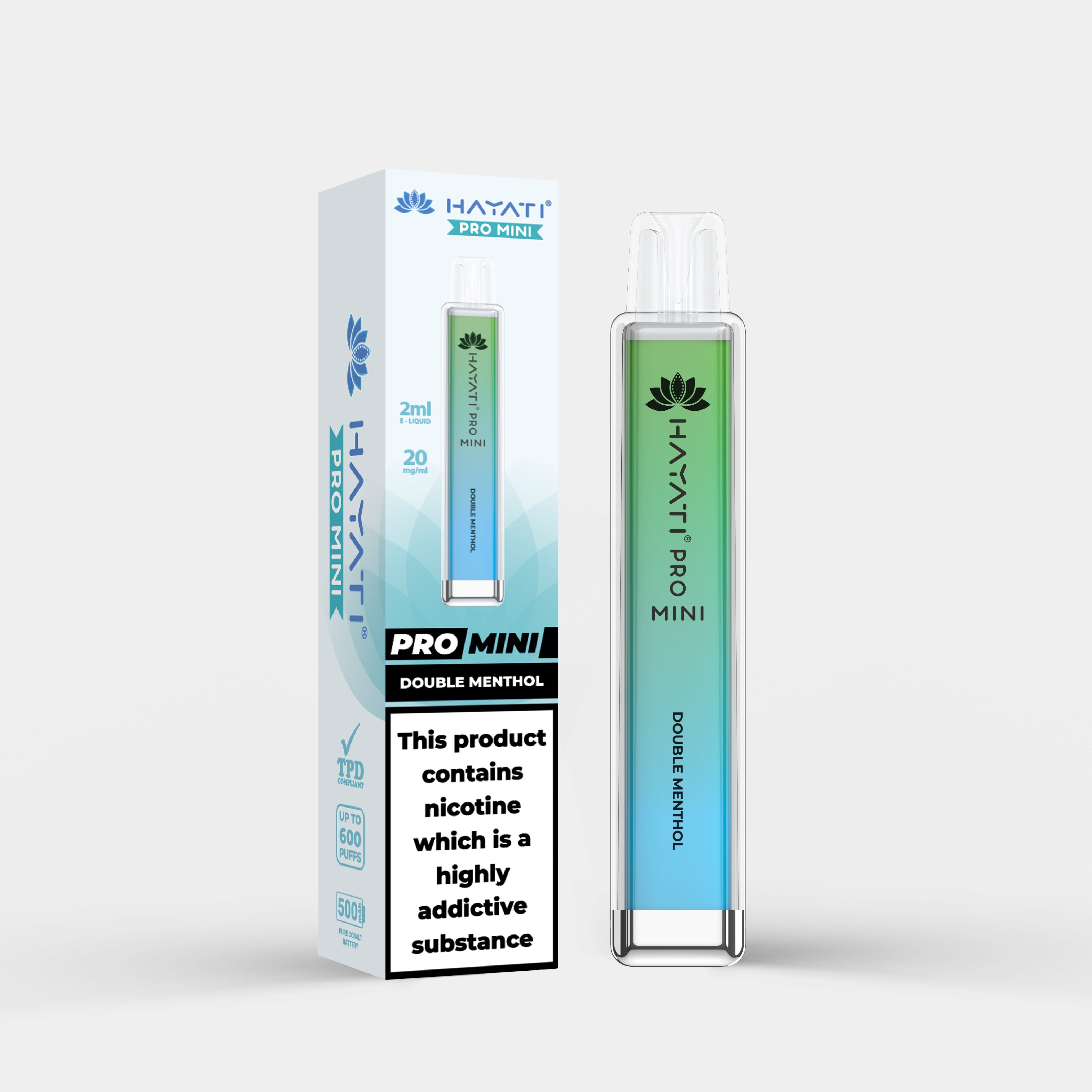 Hayati Pro Mini vape device in Double Menthol flavor with packaging