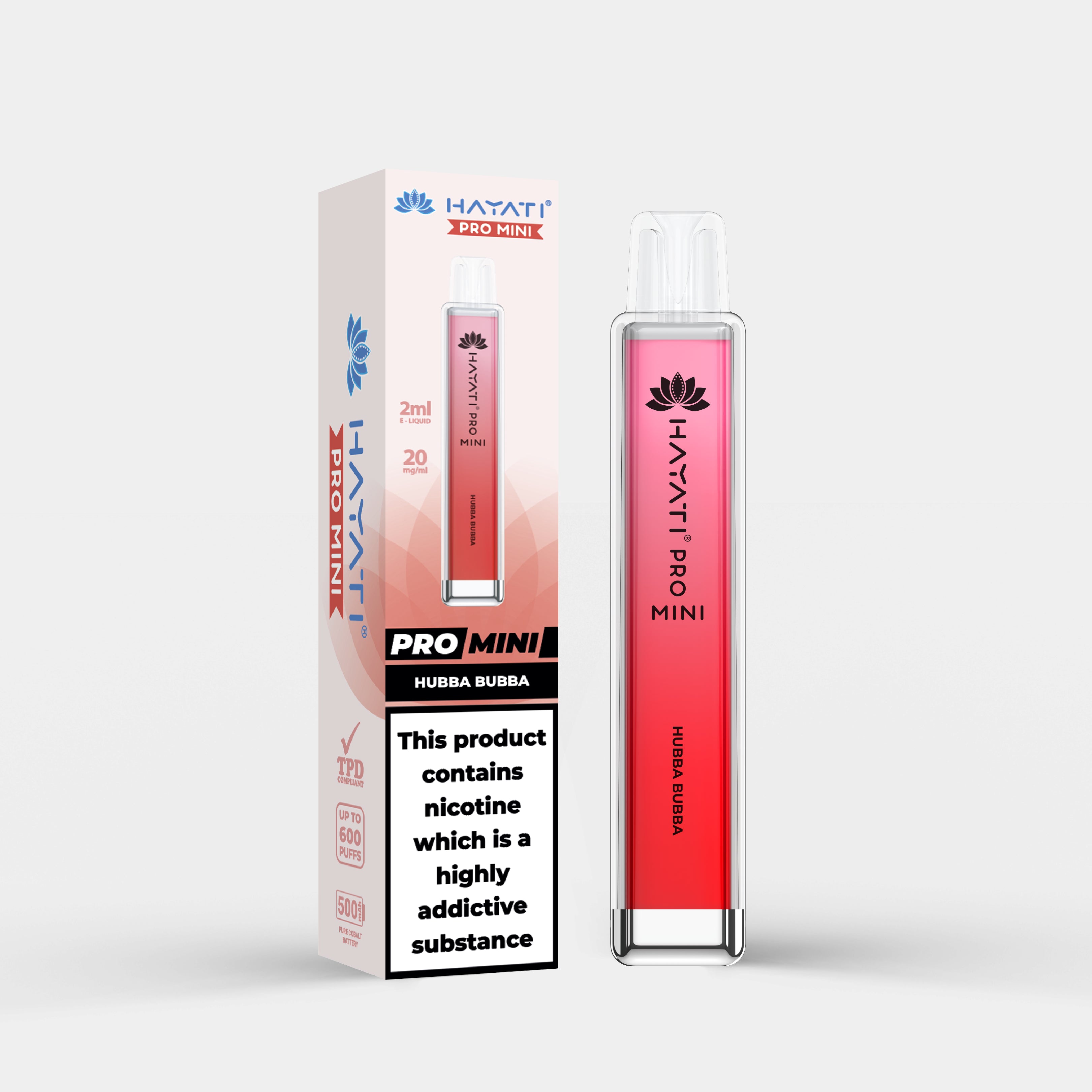 Hayati Pro Mini vape device in Hubba Bubba flavor with packaging