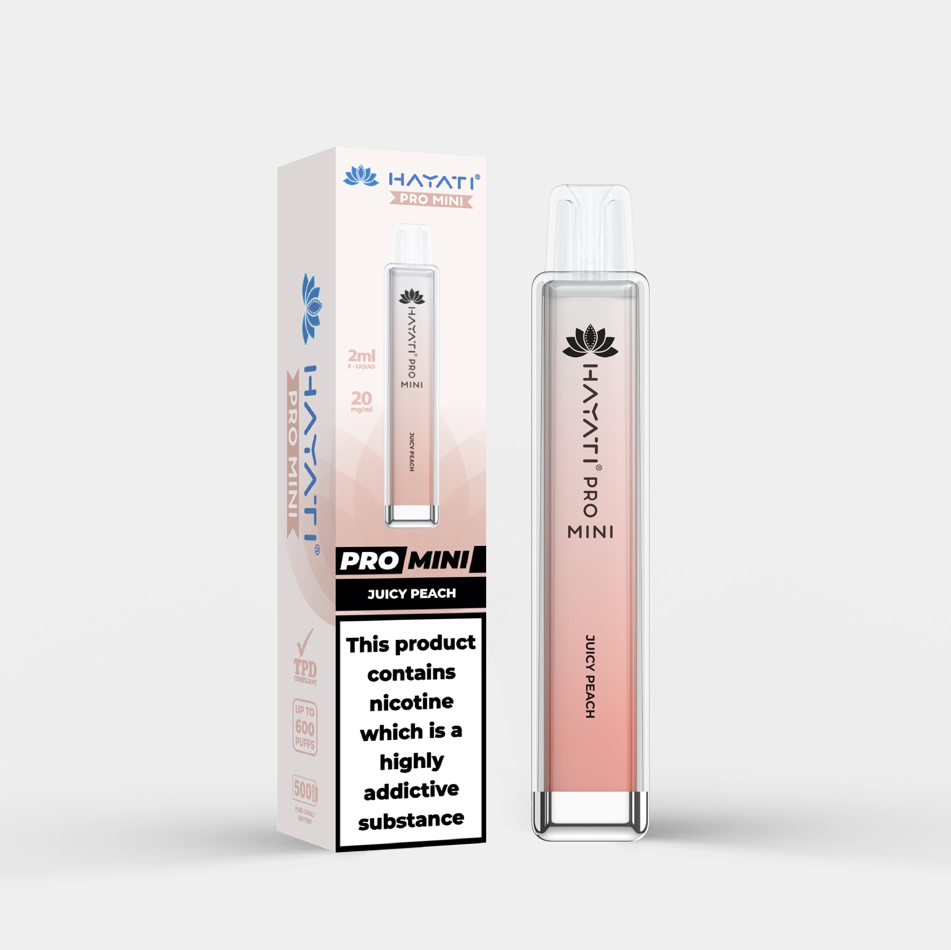 Hayati Pro Mini vape device in Juicy Peach flavor with packaging