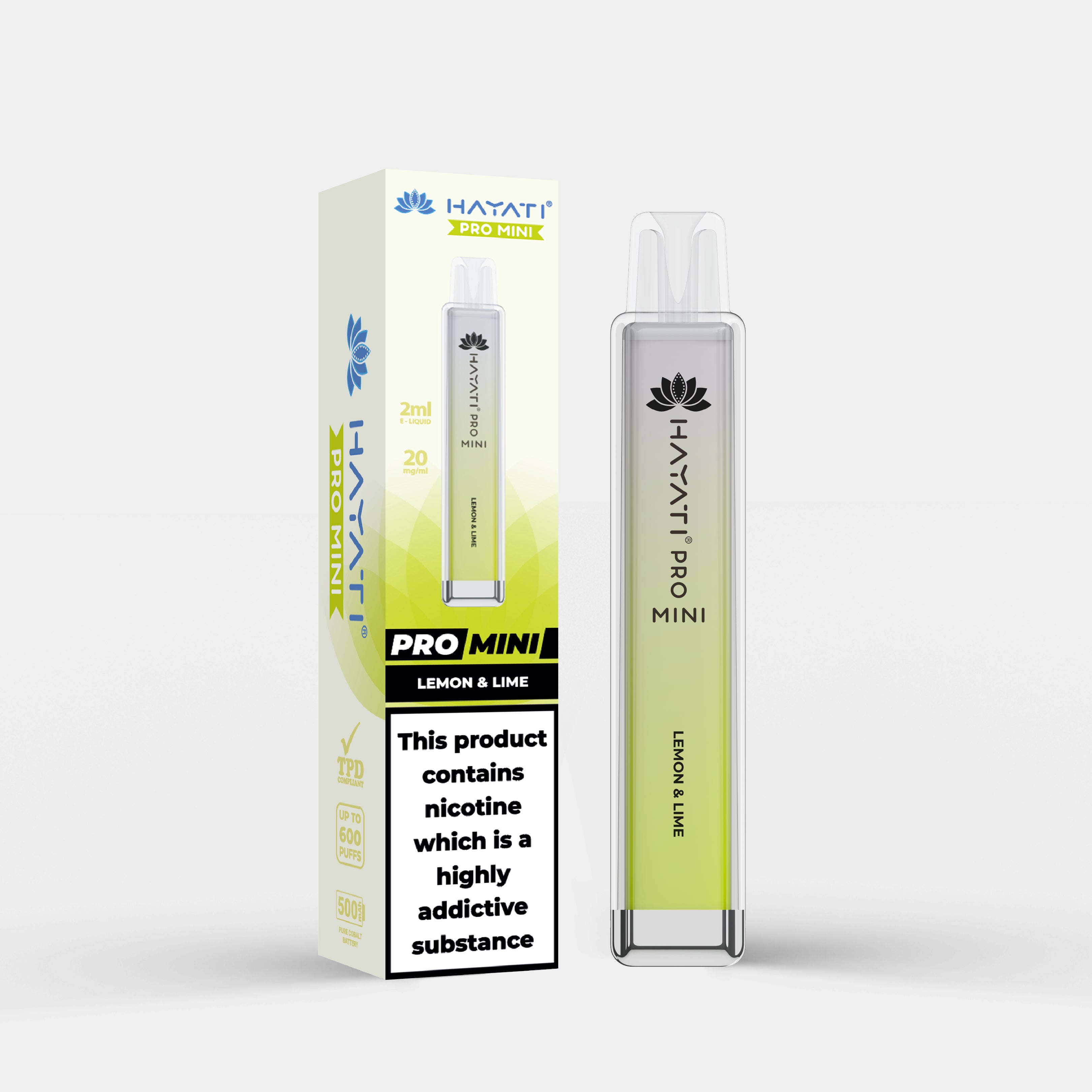 Hayati Pro Mini vape device in Lemon & Lime flavor with packaging