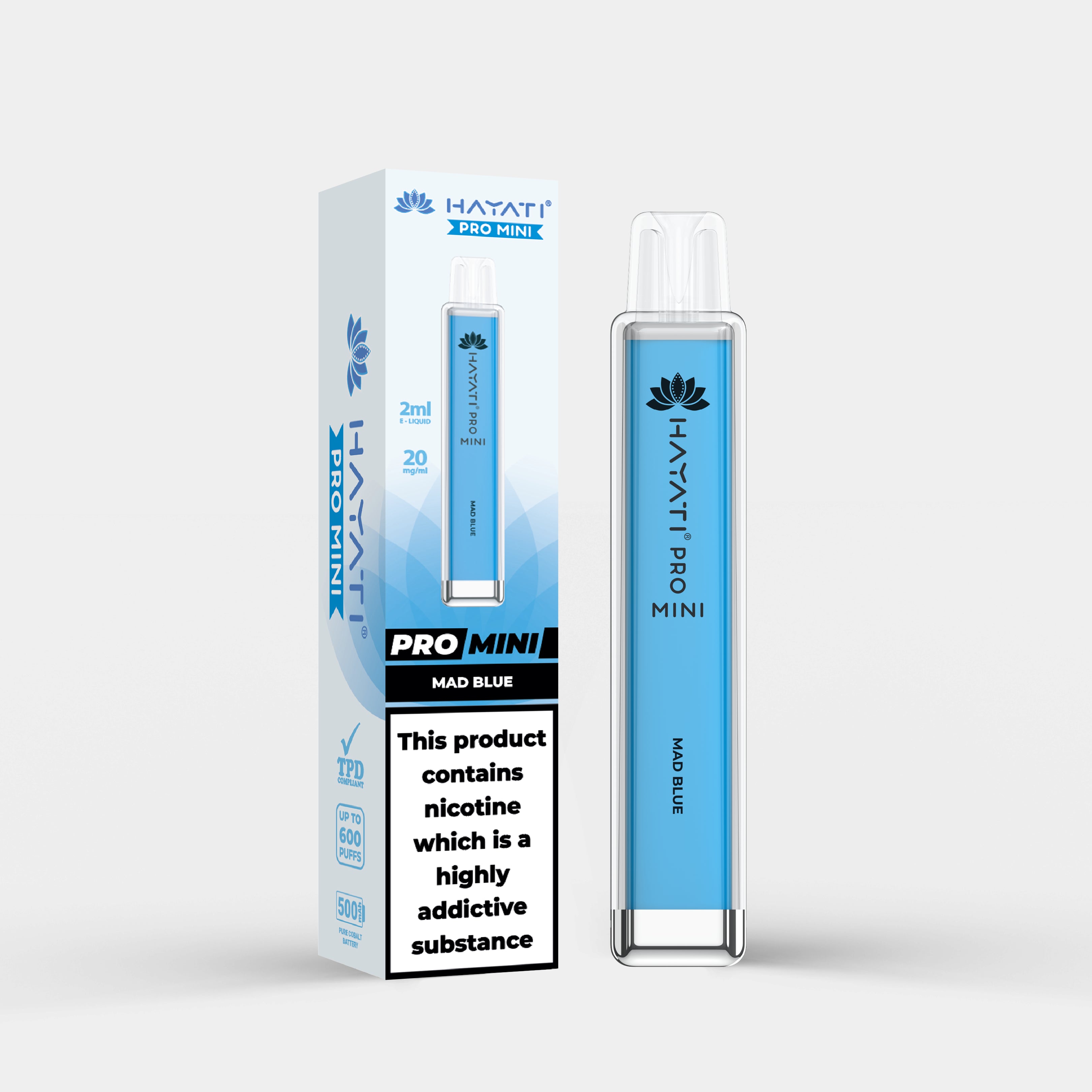 Hayati Pro Mini vape device in Mad Blue flavor with packaging