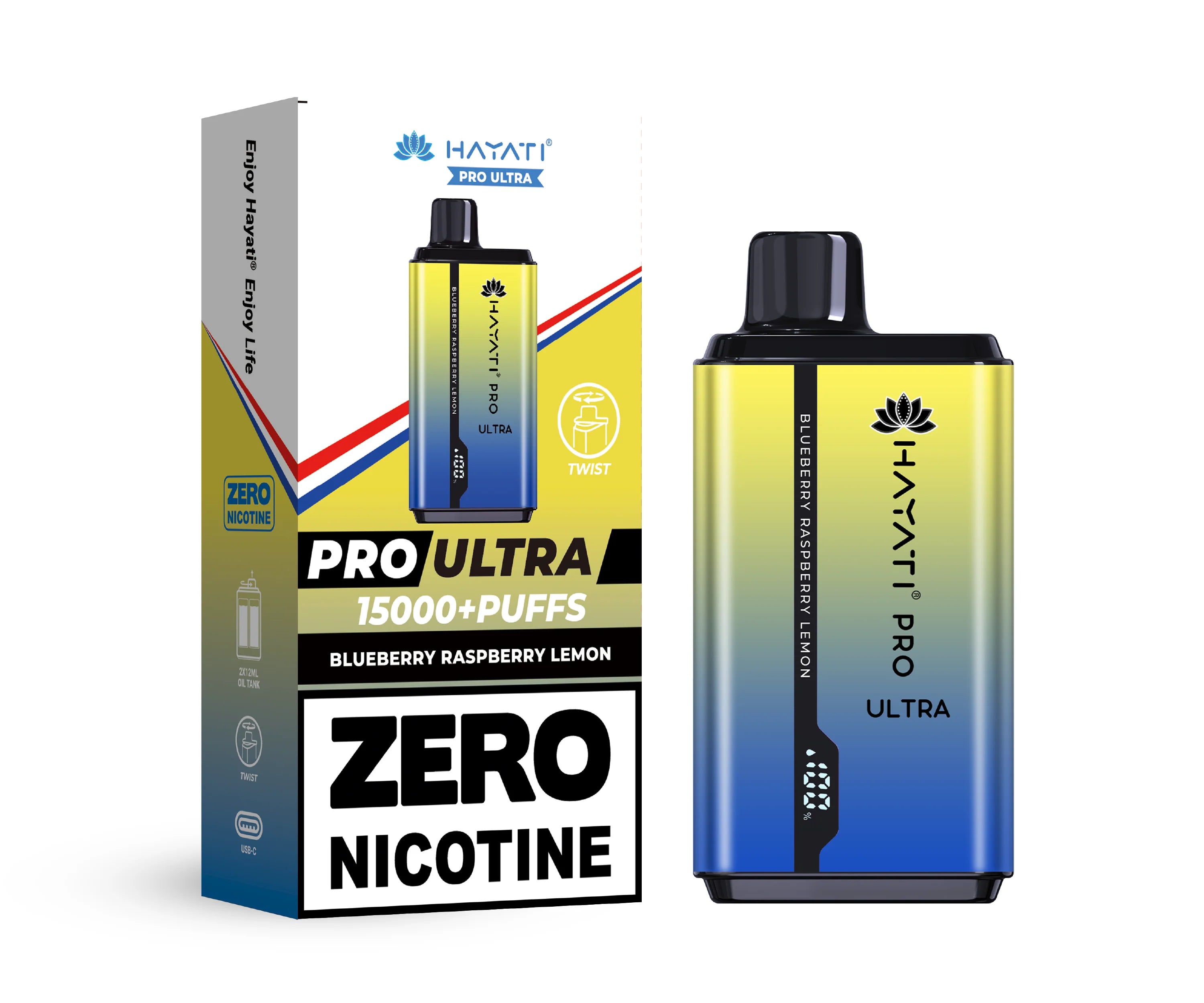 Hayati Pro Ultra vape device in Blueberry Raspberry Lemon flavor with packaging