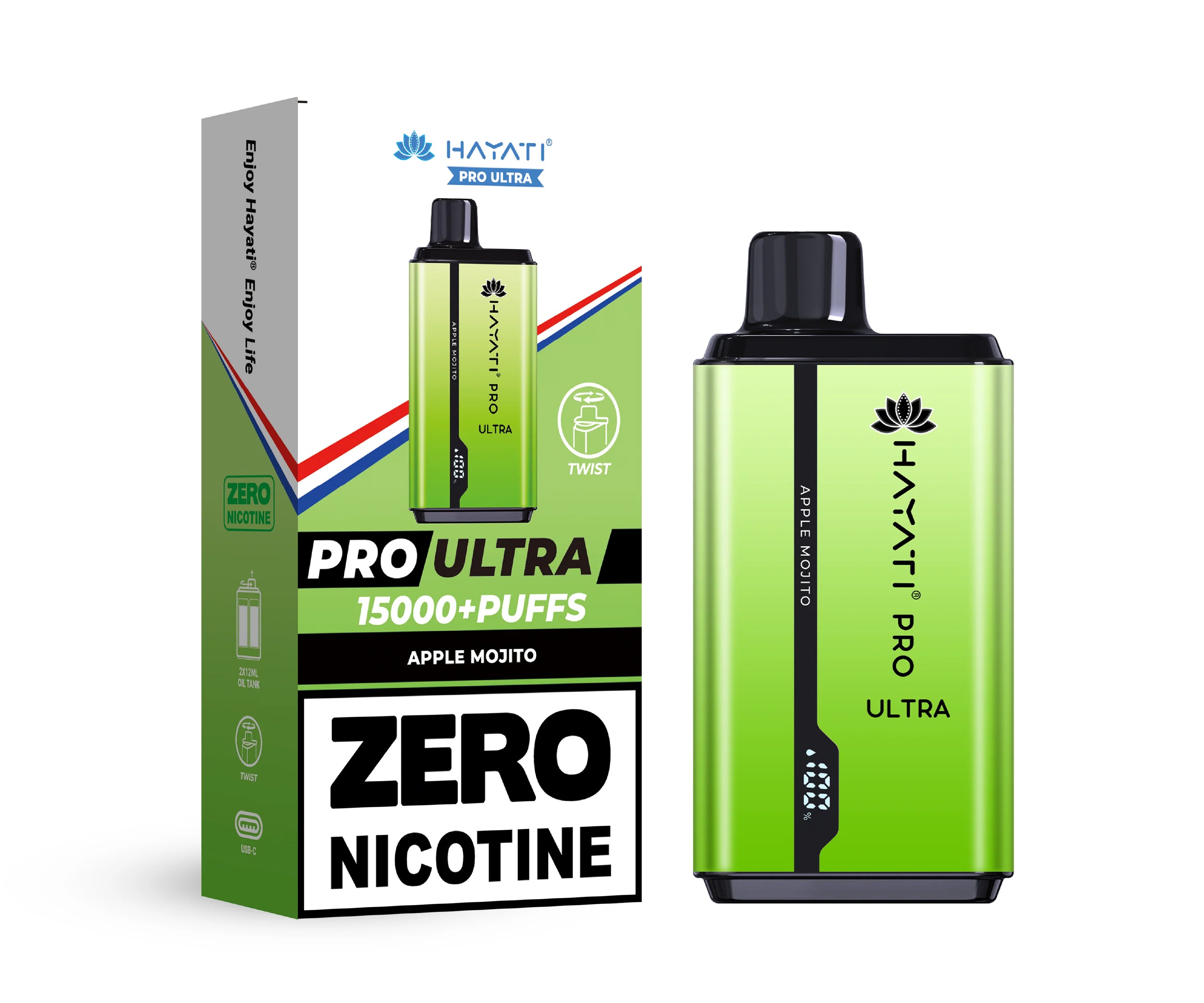 Hayati Pro Ultra vape device in Apple Mojito flavor with packaging