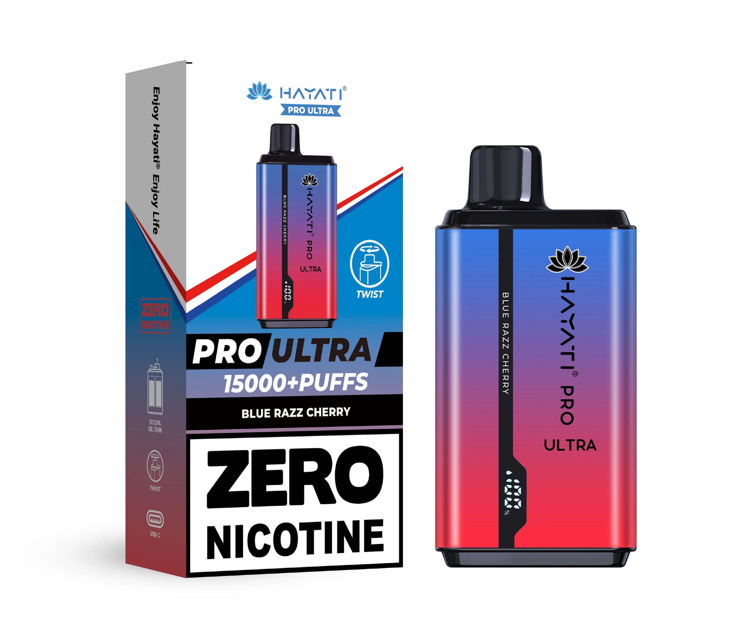 Hayati Pro Ultra vape device in Blue Razz Cherry flavor with packaging