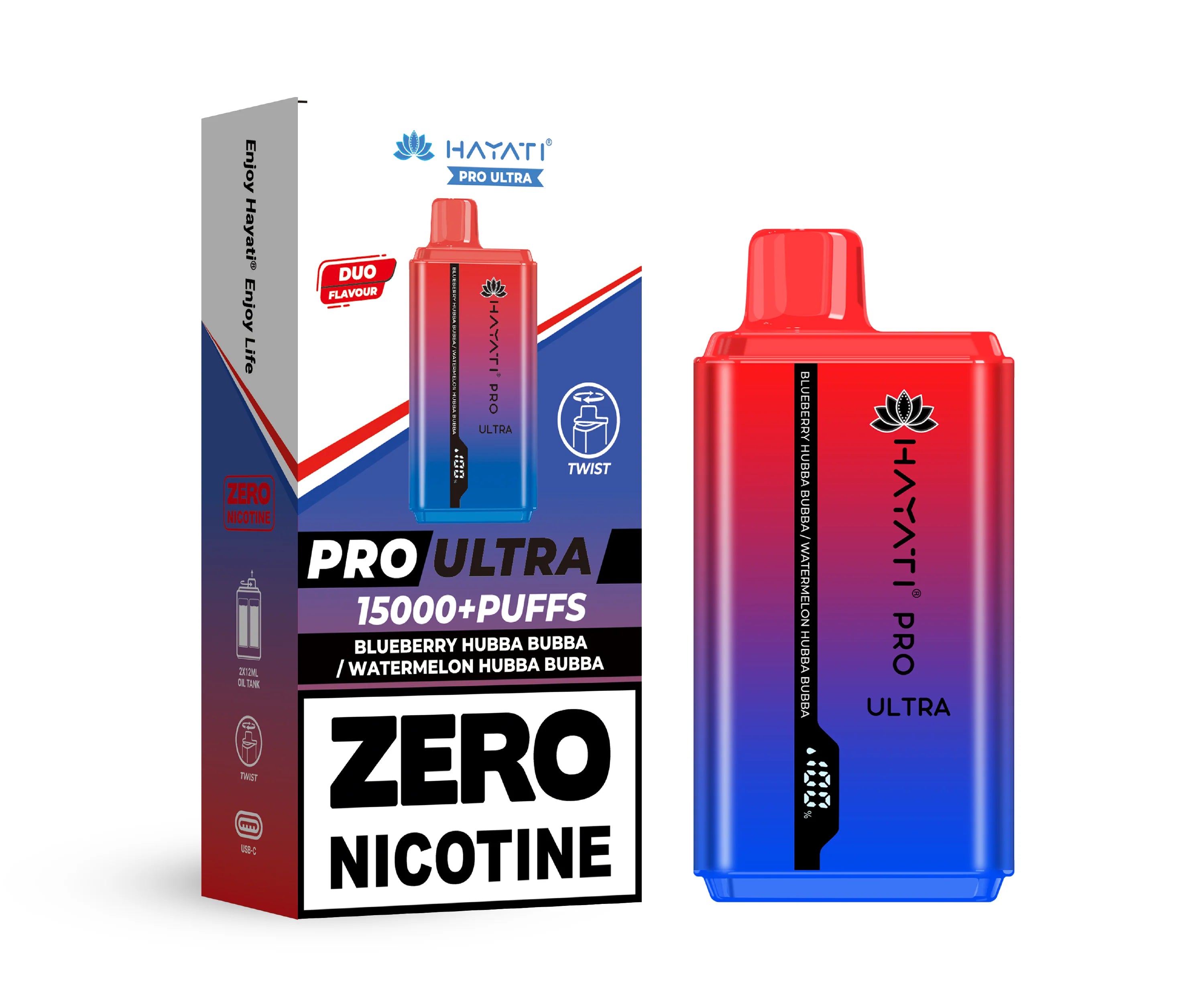 Hayati Pro Ultra vape device in Blueberry Hubba Bubba & Watermelon Hubba Bubba flavor with packaging