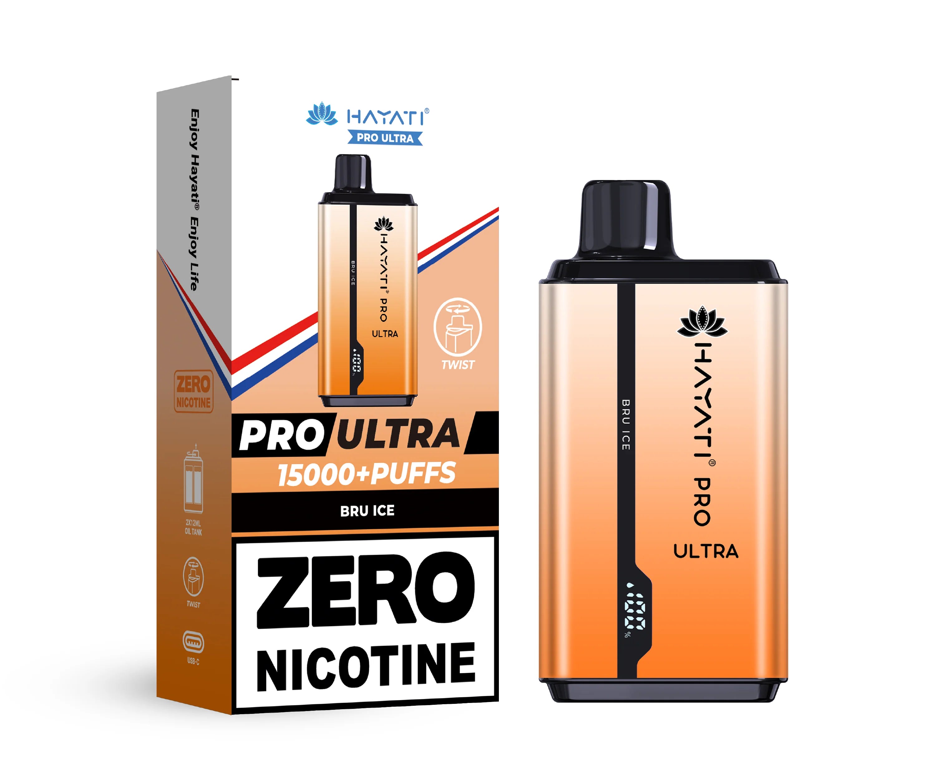 Hayati Pro Ultra vape device in Bru Ice flavor with packaging