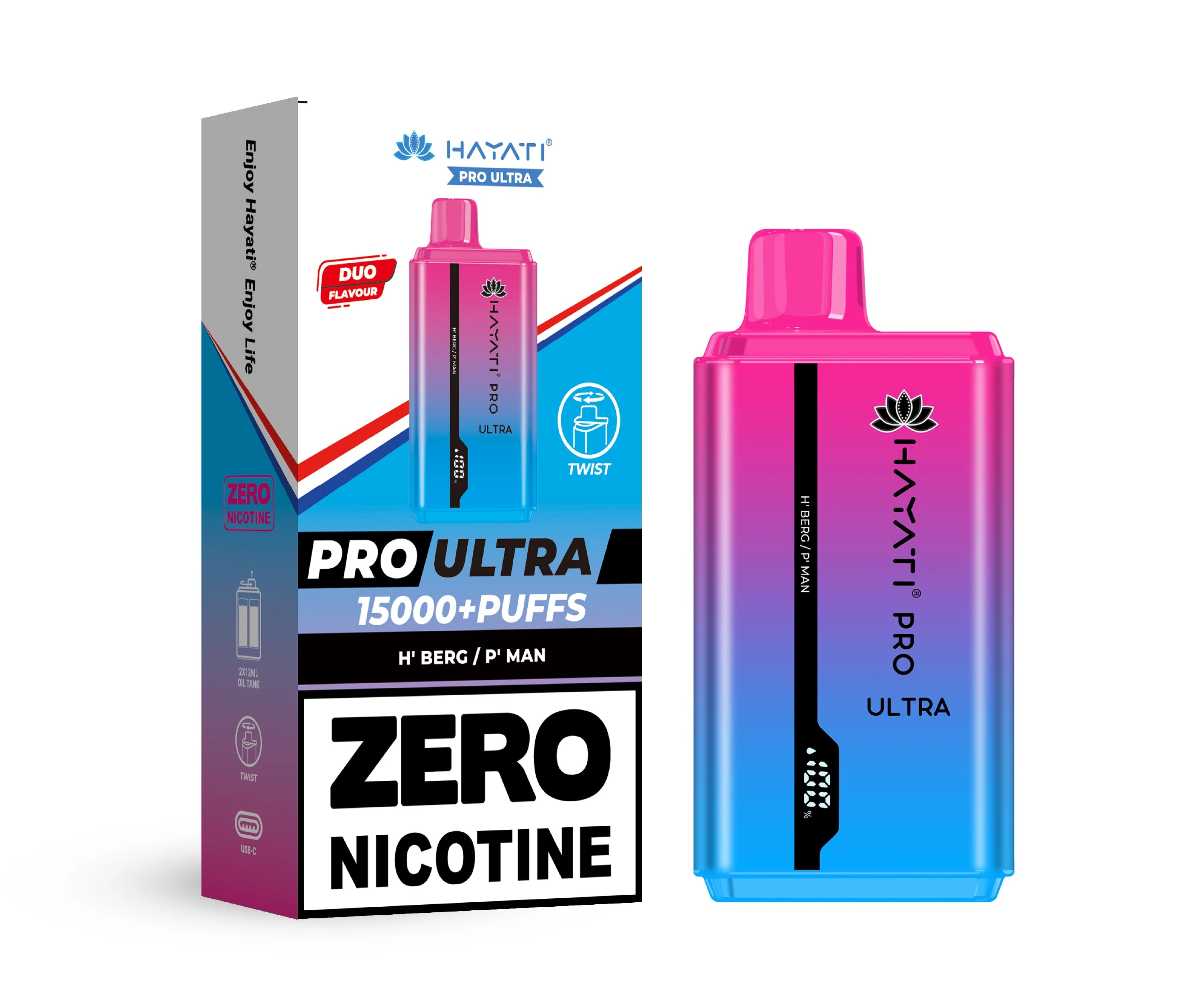 Hayati Pro Ultra vape device in H' Berg & P' Man flavor with packaging