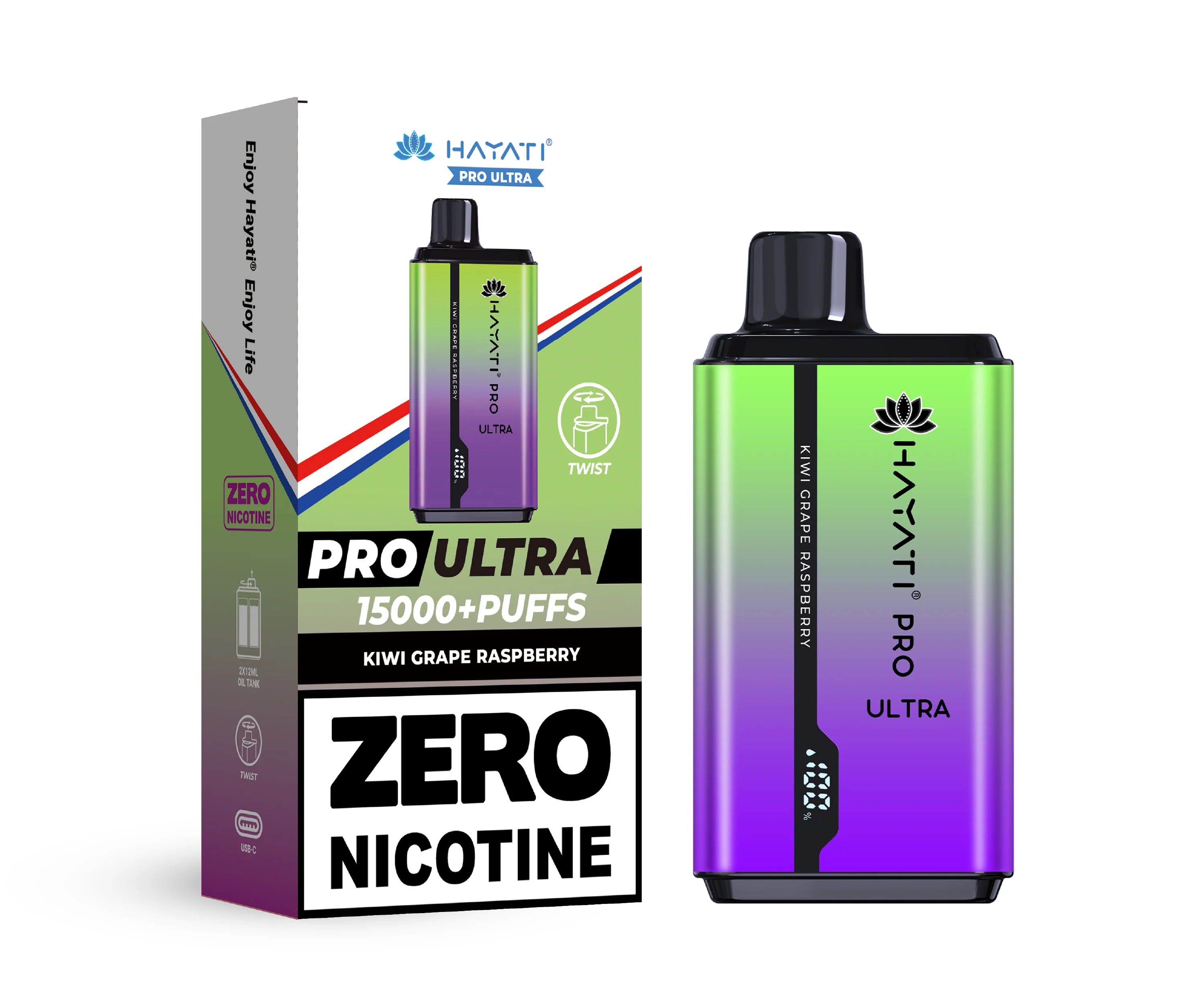 Hayati Pro Ultra vape device in Kiwi Grape Raspberry flavor with Packaging