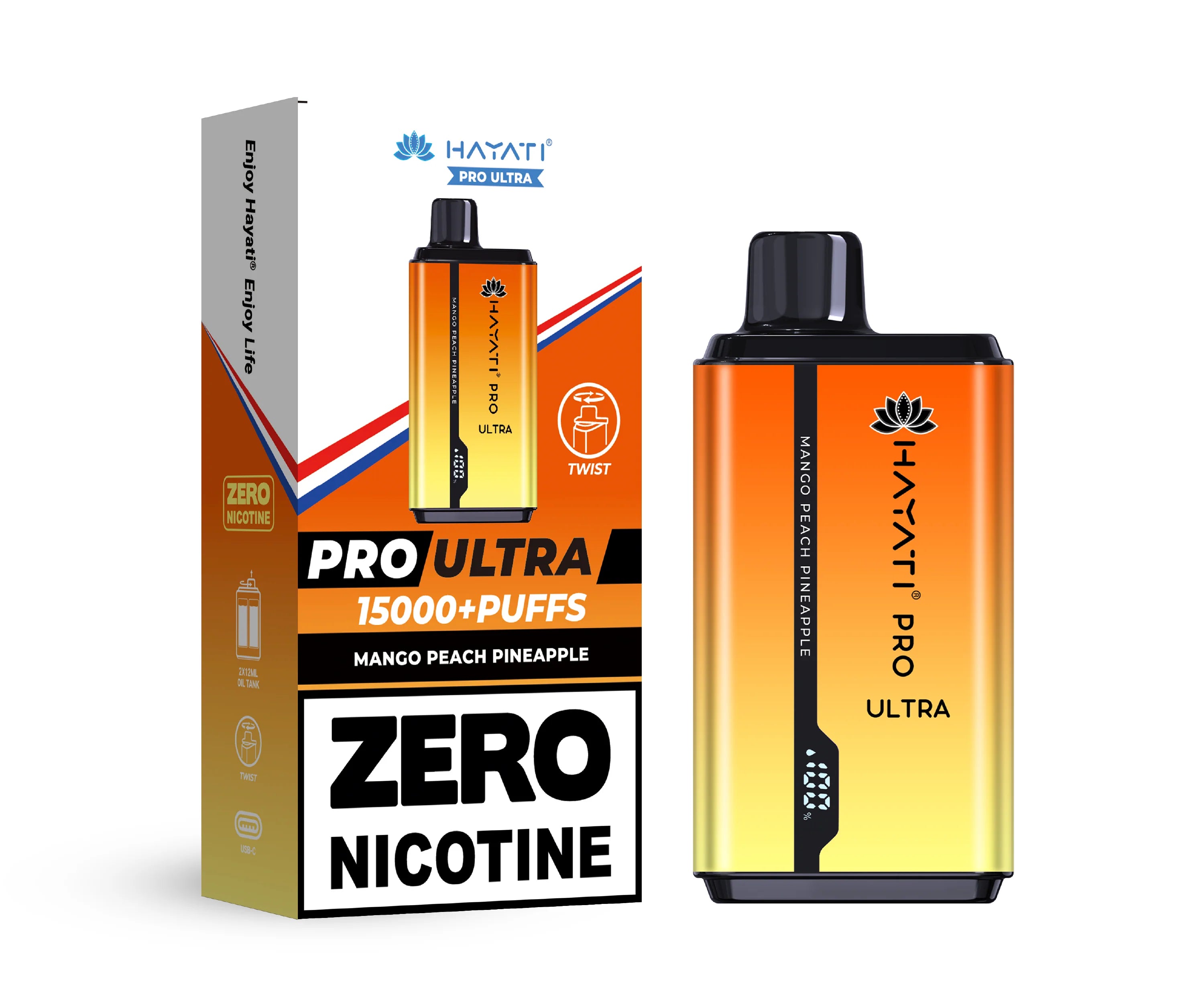 Hayati Pro Ultra vape device in Mango Peach Pineapple flavor with packaging