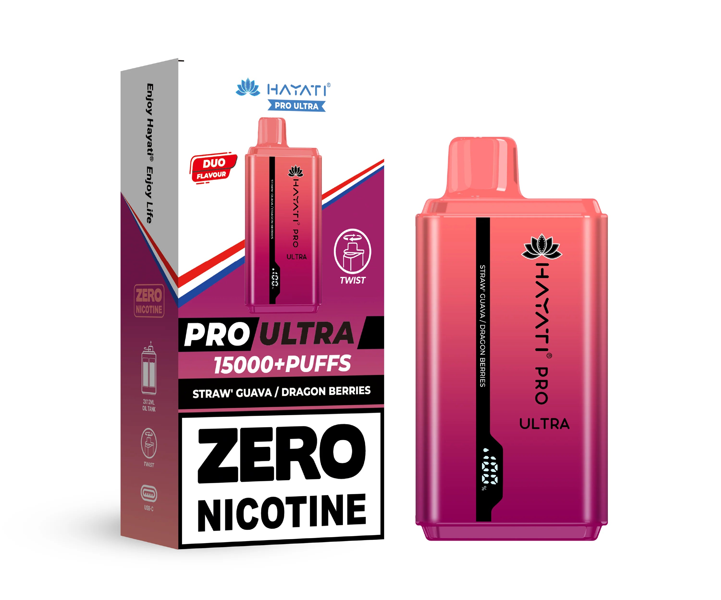 Hayati Pro Ultra vape device in Straw' Guava & Dragon Berries flavor with packaging