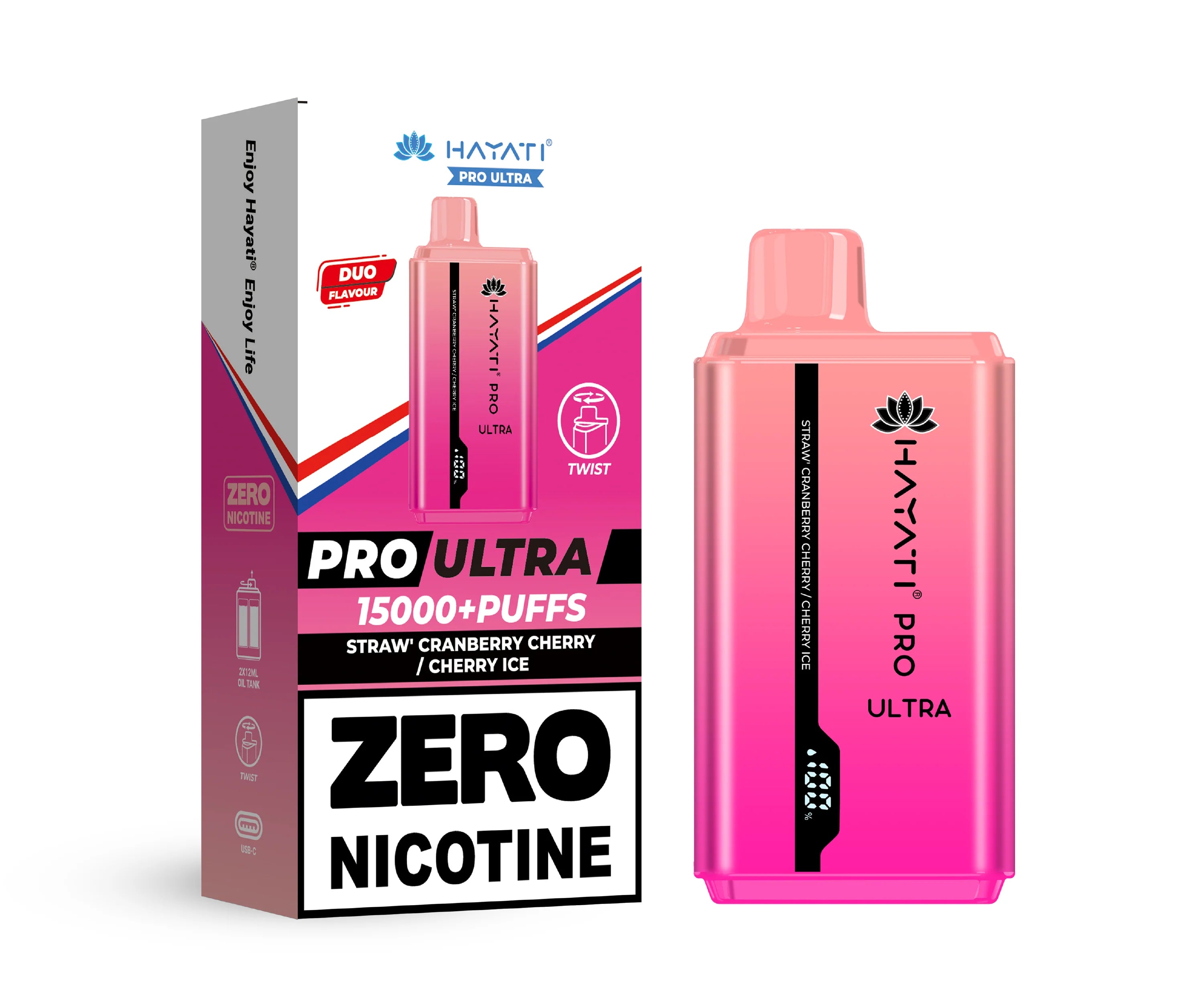 Hayati Pro Ultra vape device in Straw' Cranberry Cherry & Cherry Ice flavor with packaging