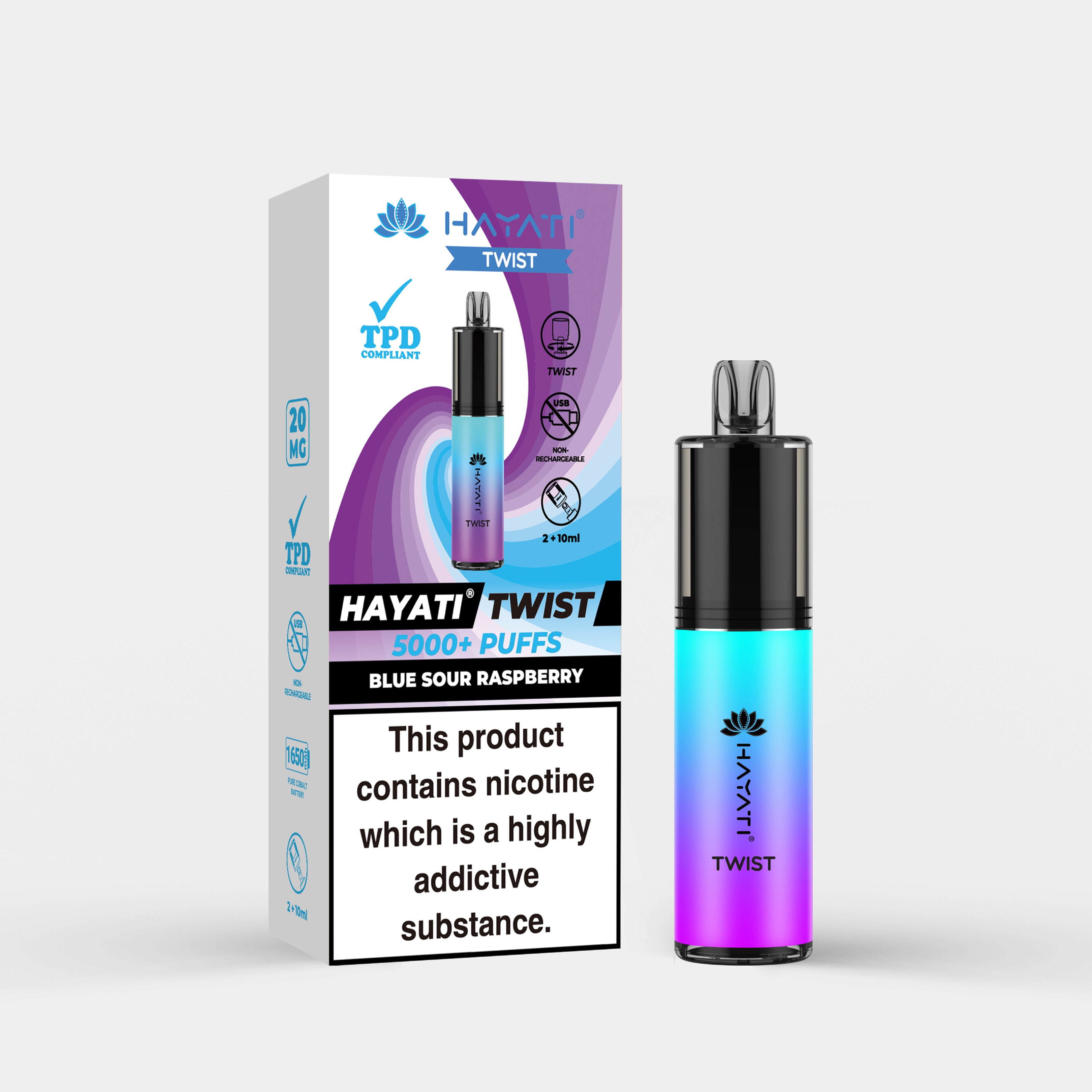 Hayati Twist vape device in Blue Sour Raspberry flavor with packaging