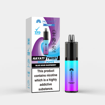 Hayati Twist vape device in Blue Sour Raspberry flavor with packaging