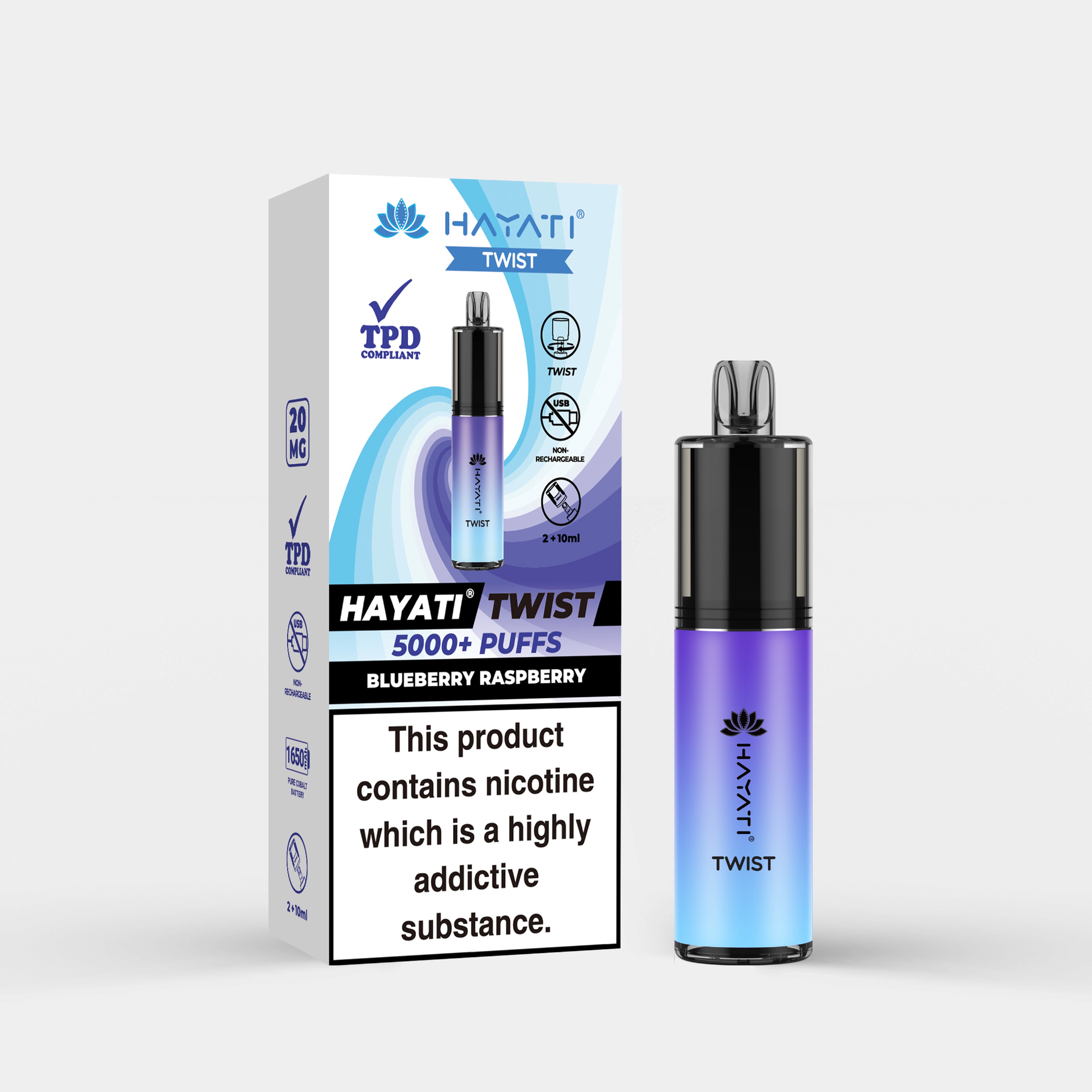 Hayati Twist vape device in Blueberry Raspberry flavor with packaging