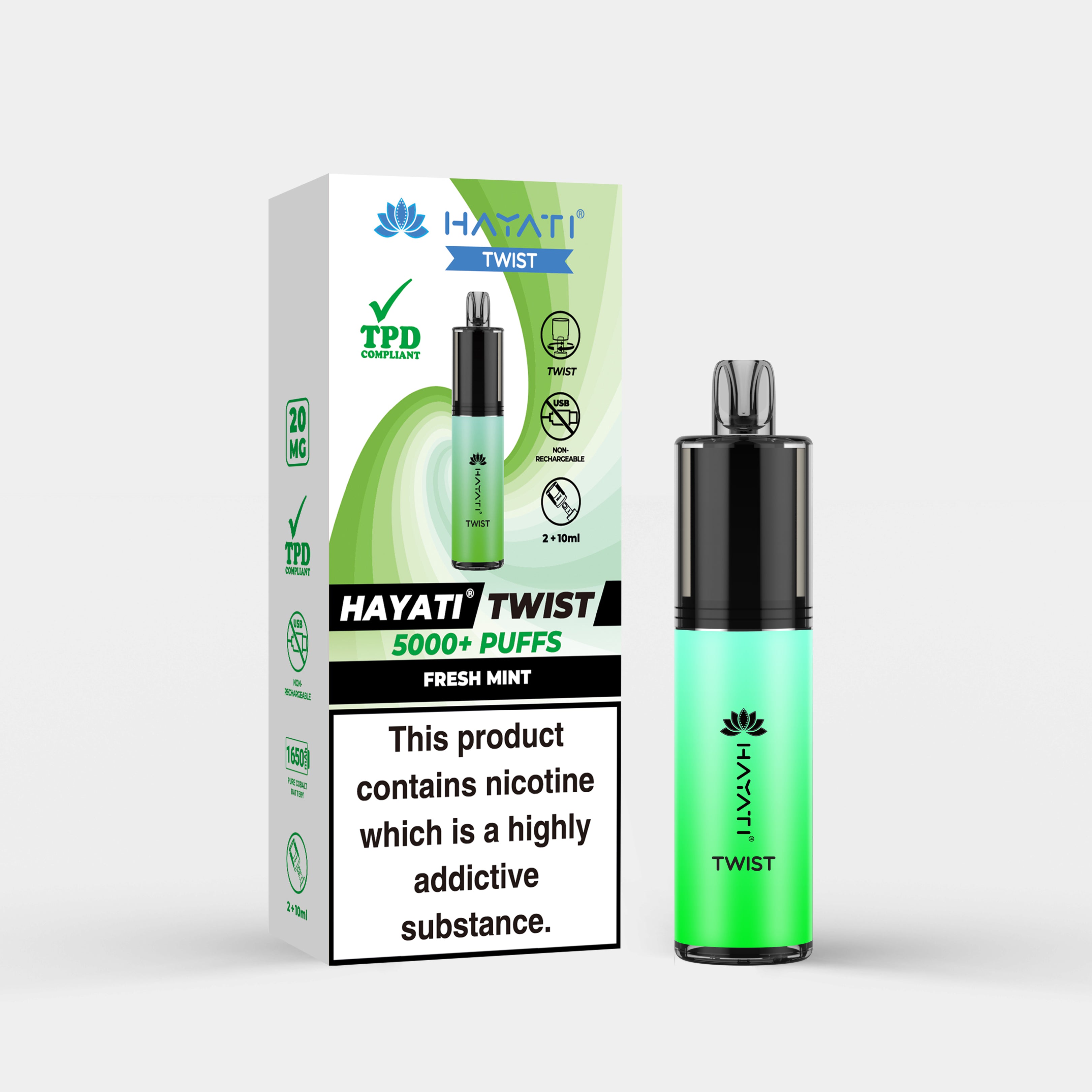 Hayati Twist vape device in Fresh Mint flavor with packaging