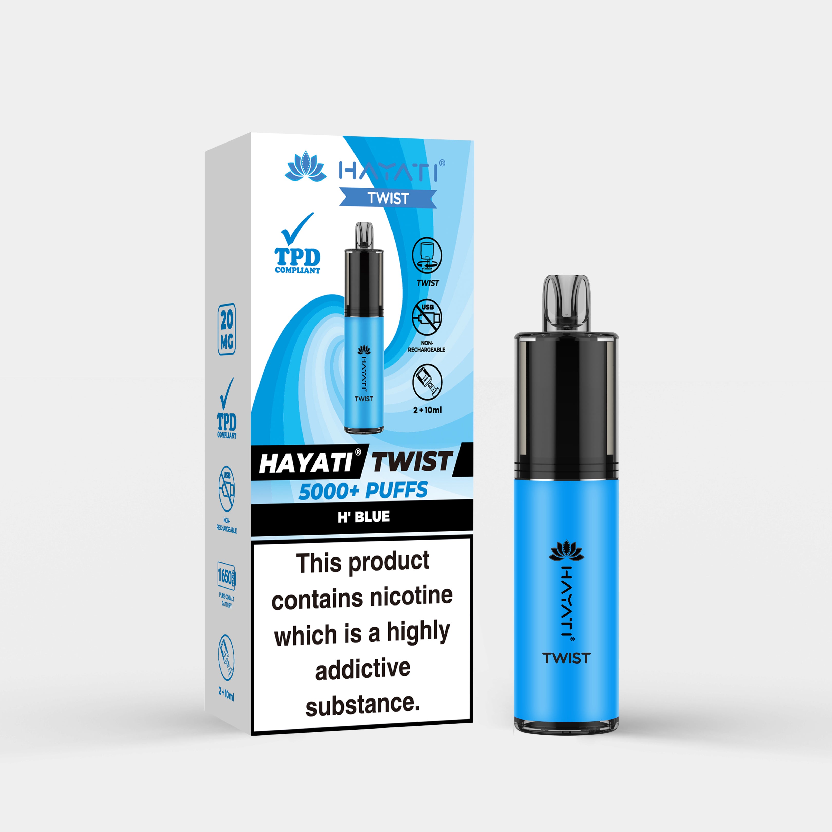 Hayati Twist vape device in H' Blue flavor with packaging