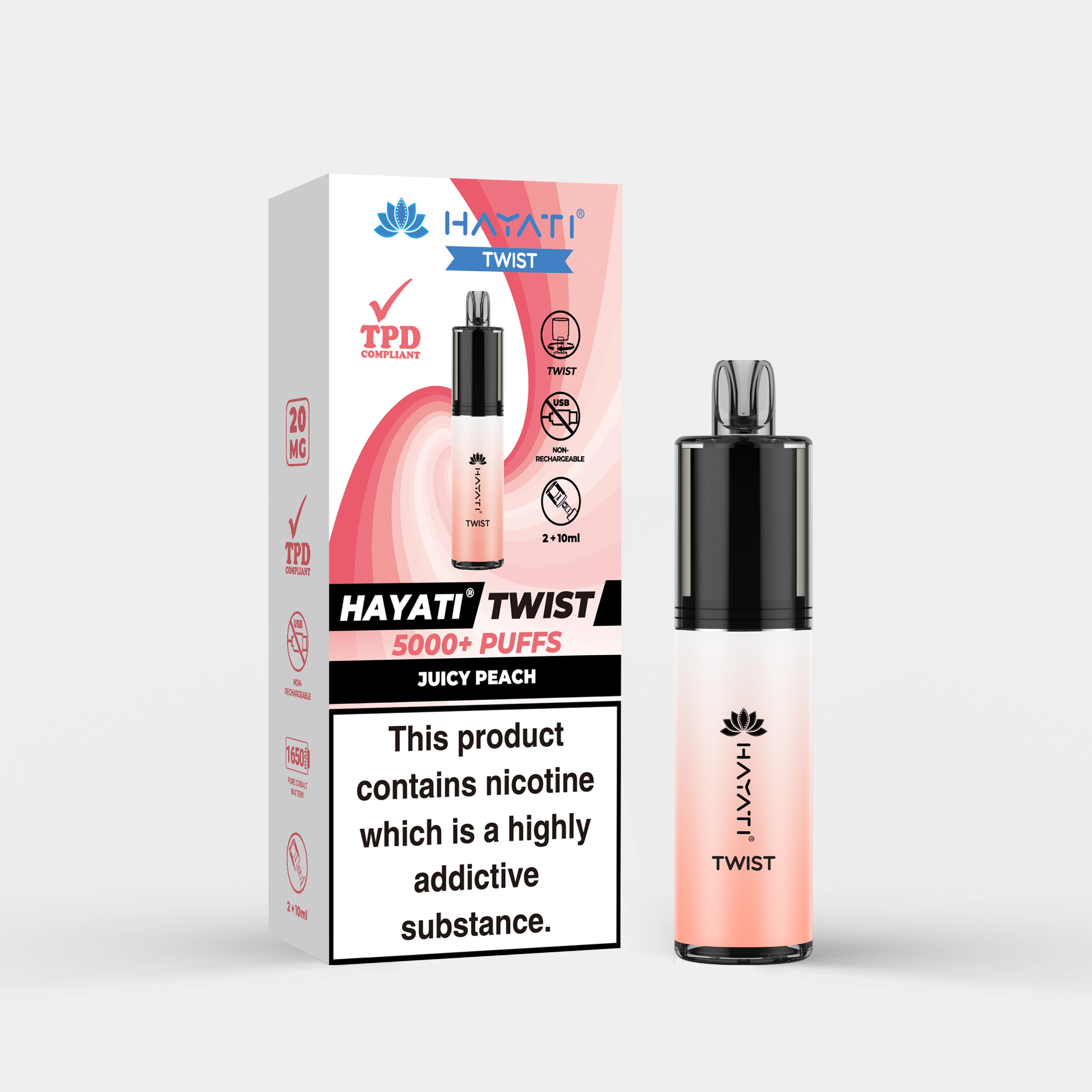 Hayati Twist vape device in Juicy Peach flavor with packaging