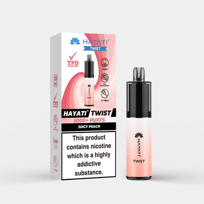 Hayati Twist vape device in Juicy Peach flavor with packaging