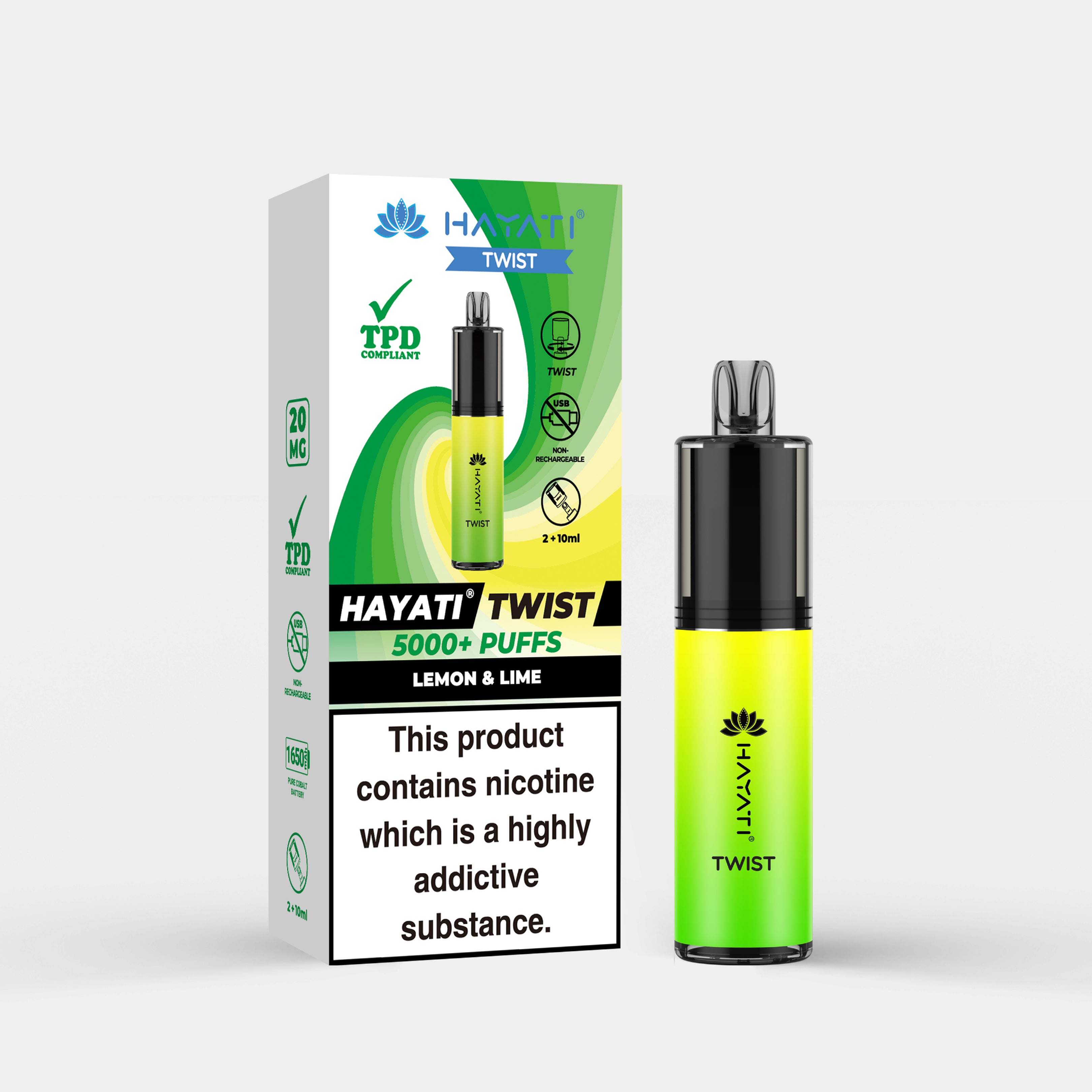 Hayati Twist vape device in Lemon & Lime flavor with packaging