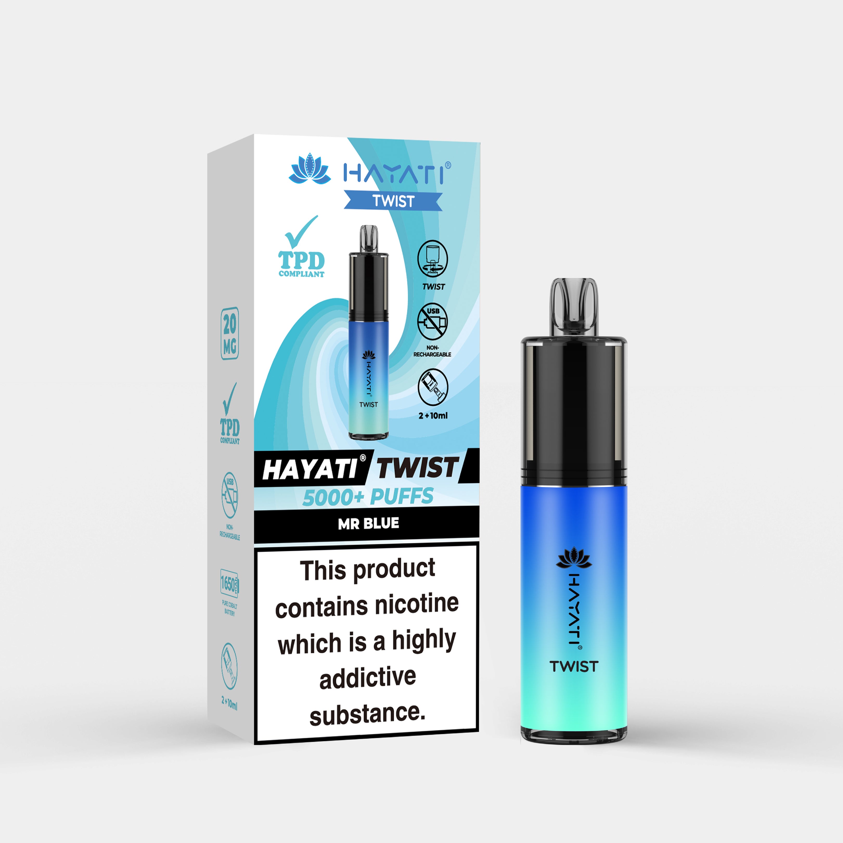 Hayati Twist vape device in Mr. Blue flavor with packaging