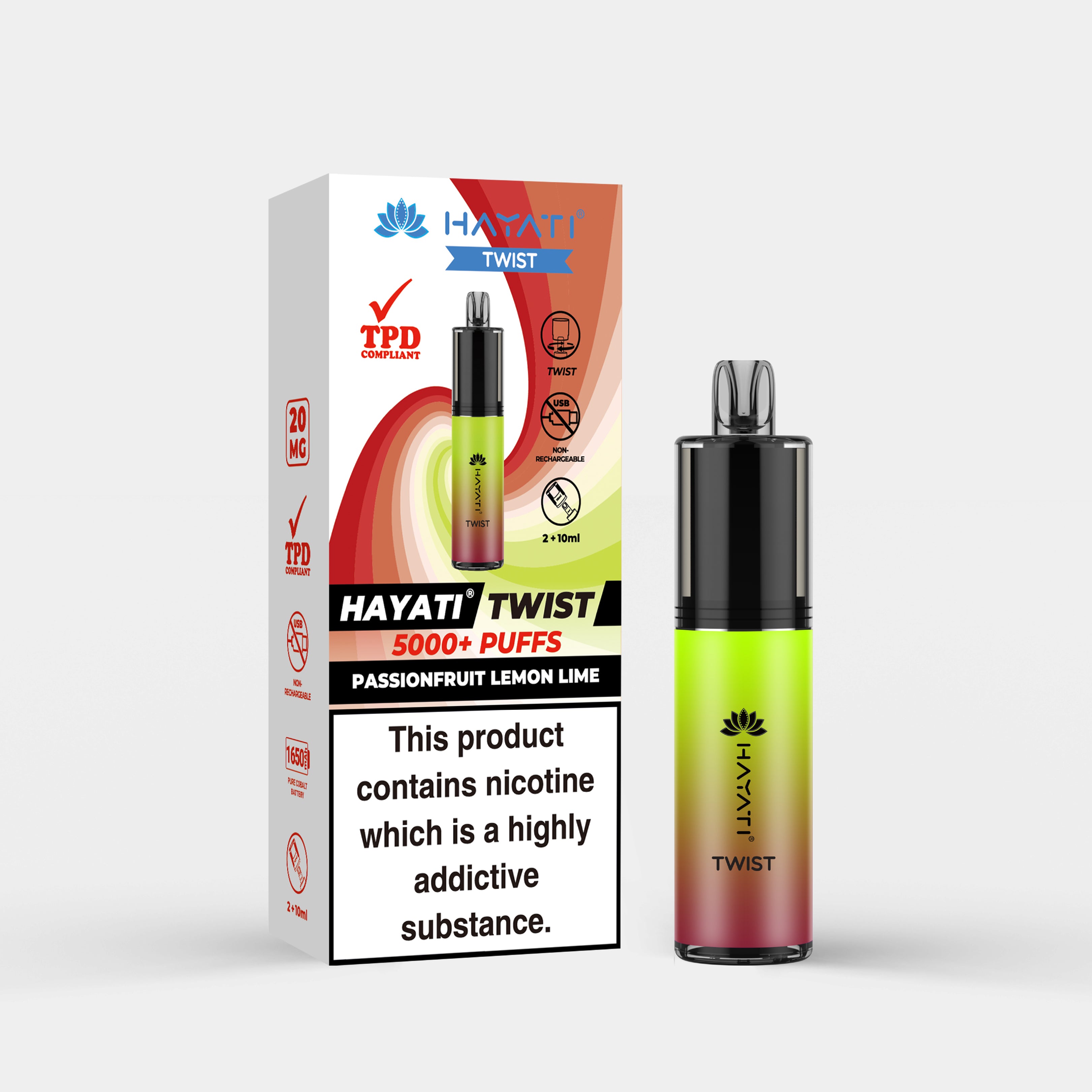 Hayati Twist vape device in Passionfruit Lemon Lime flavor with packaging