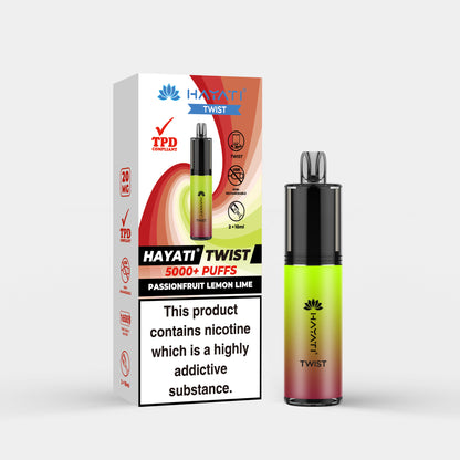 Hayati Twist vape device in Passionfruit Lemon Lime flavor with packaging