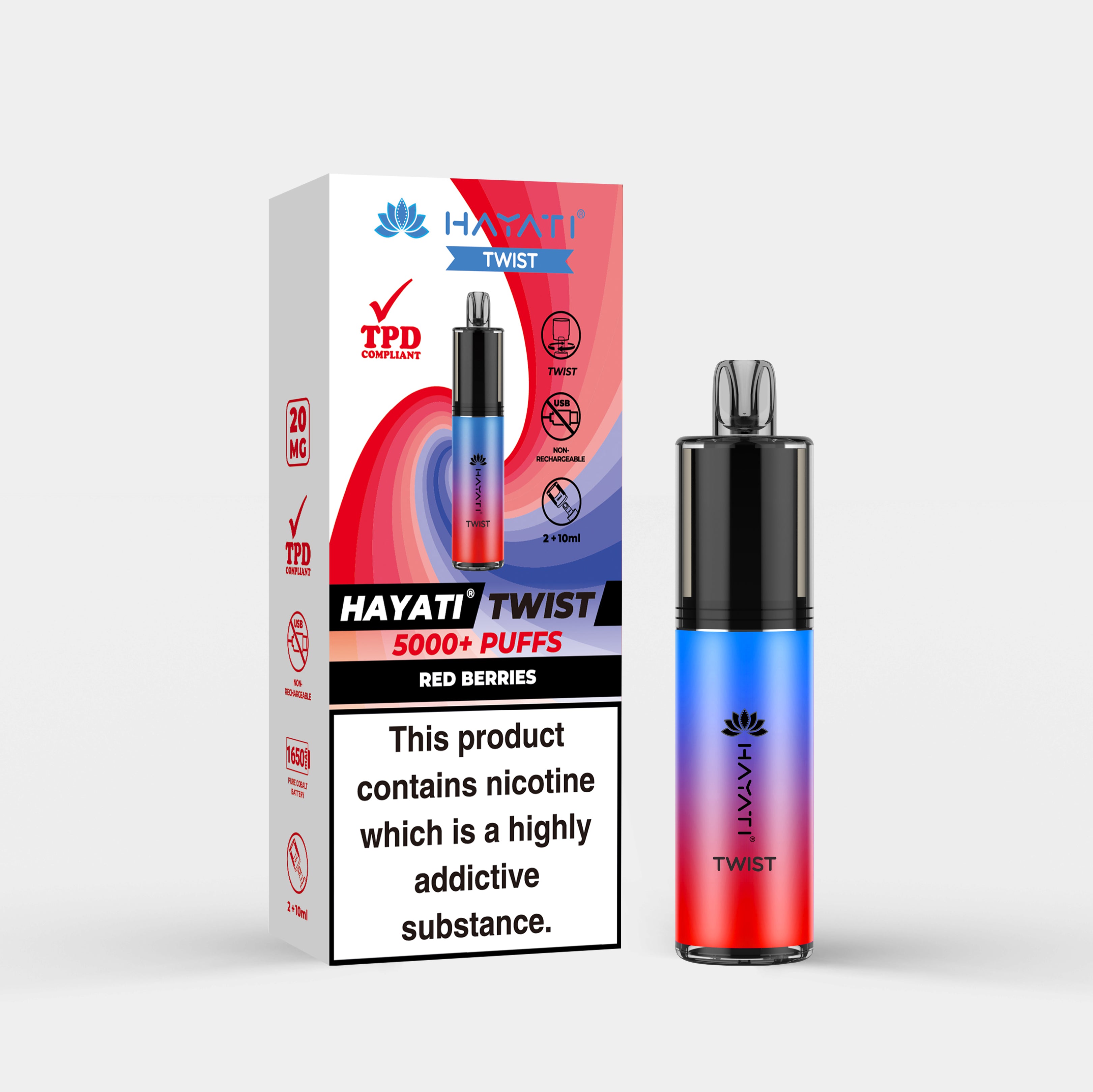 Hayati Twist vape device in Red Berries flavor with packaging