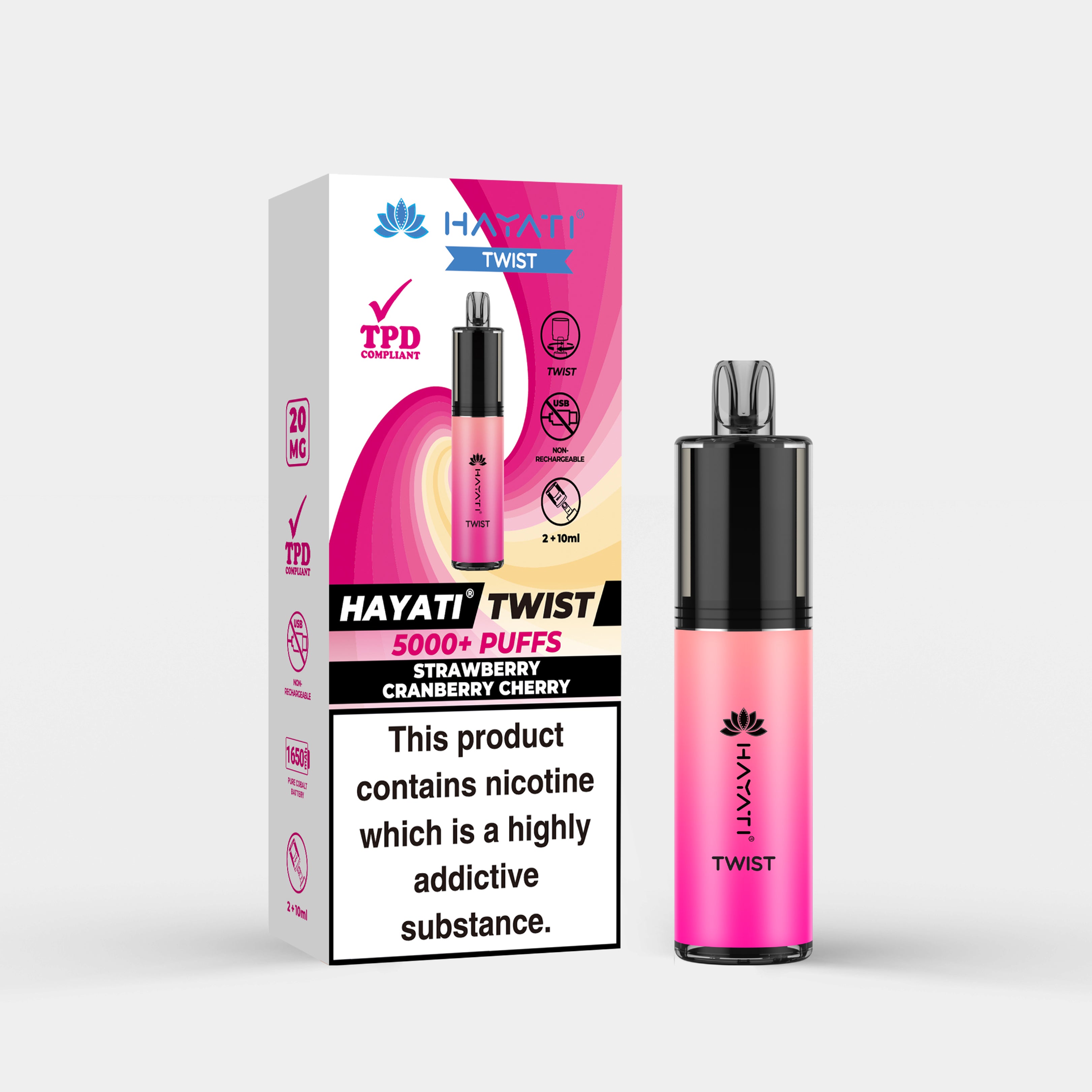 Hayati Twist vape device in Strawberry Cranberry Cherry flavor with packaging