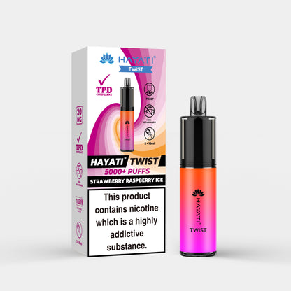 Hayati Twist vape device in Strawberry Raspberry Ice flavor with packaging